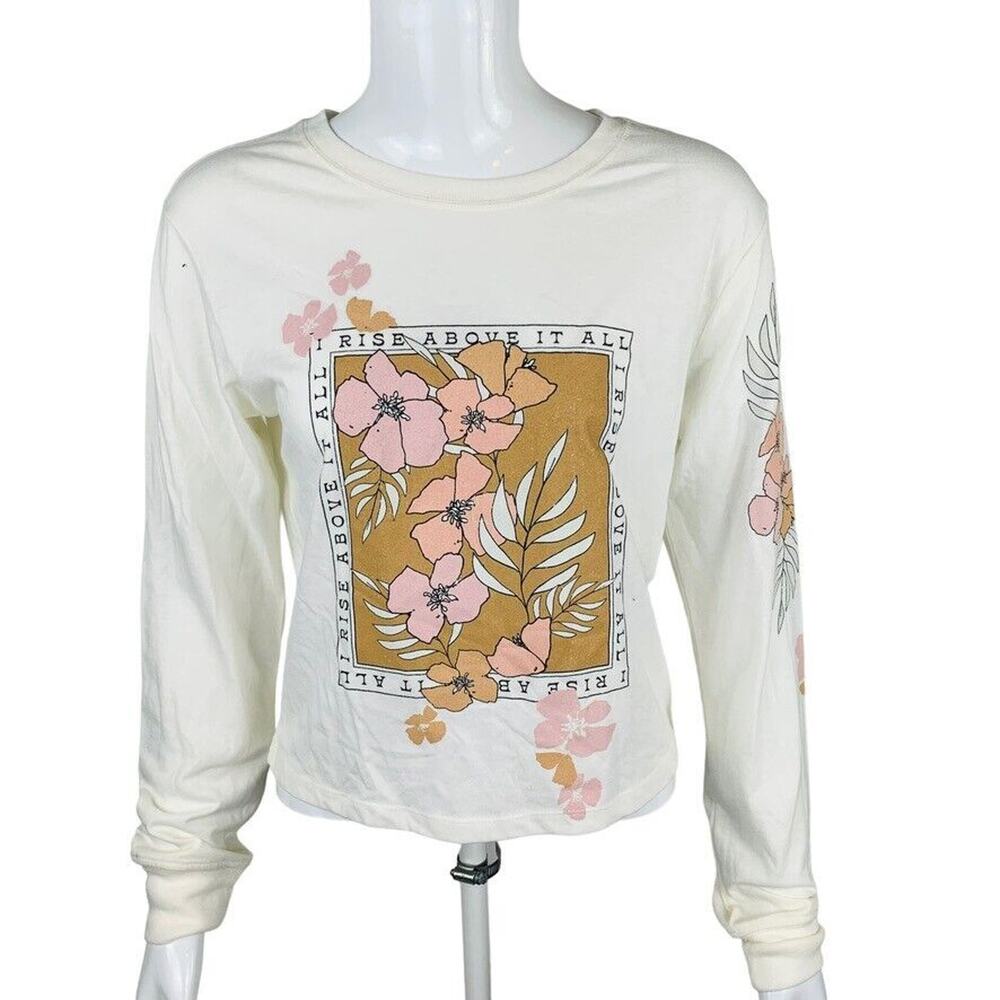 New Love Tribe Juniors Small T-Shirt I Rise Above Long Sleeve Ivory Floral NWT - Picture 2 of 8